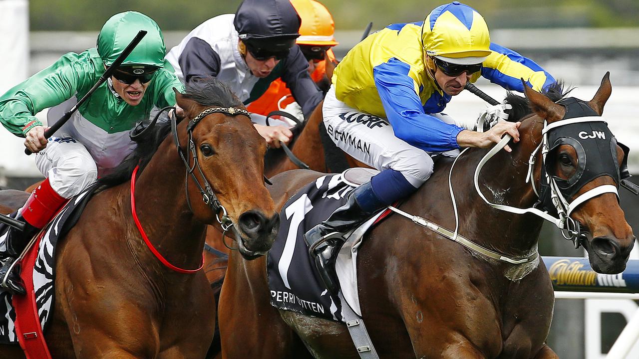 2015 Caulfield Guineas Day at Caulfield Racecourse. Rcae 4- (blue/yellow) Hugh Bowman onboard Amovatio squeeze's past (L) Craig Williams onboard Tristrams Sun to win,10th October 2015. Picture: Colleen Petch.