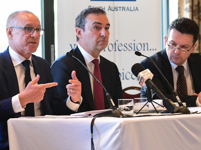 South Australian premier Jay Weatherill, leader of the opposition Steven Marshall and leader of SA Best party Nick Xenophon addresses questions at the AMA Political Leaders Breakfast at The Playford Adelaide hotel on Wednesday, November 8, 2017. Various South Australian political party leaders gather to discuss health and other key election promises ahead of the SA state election, which will take place on Sunday, March 18, 2018. (Image AAP/Mark Brake) NO ARCHIVING