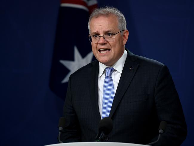 Prime Minister Scott Morrison speaks to the media about rescue flights from India. Picture: NCA NewsWire/Bianca De Marchi