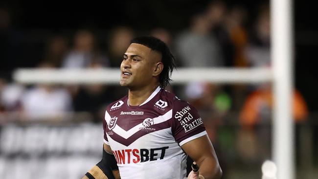 SYDNEY, AUSTRALIA – AUGUST 22: HaumoleÃ&#130;Â Olakau'atu of the Sea Eagles is sent to the sin bin during the round 25 NRL match between Wests Tigers and Manly Sea Eagles at Leichhardt Oval on August 22, 2024 in Sydney, Australia. (Photo by Jason McCawley/Getty Images)