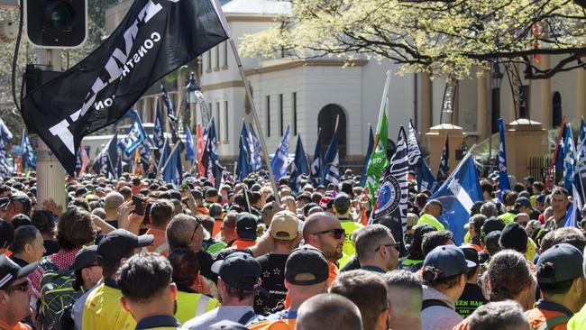 Furious union members pictured marching on NSW Parliament. Picture:NewsWire/ Monique Harmer