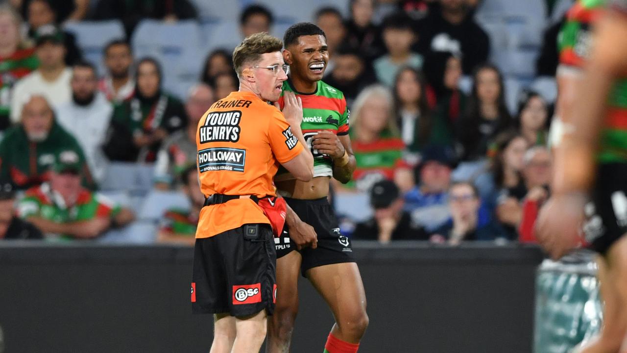 The Rabbtiohs were decimated by injury against Cronulla, with Tyrone Munro suffering a suspected fractured collarbone. Picture: NRL Imagery