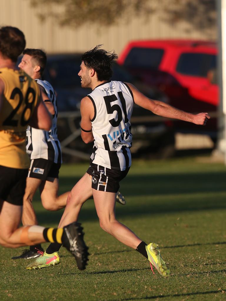 Osca Riccardi kicks a goal. GDFNL North Geelong v Bannockburn. Picture: Alan Barber