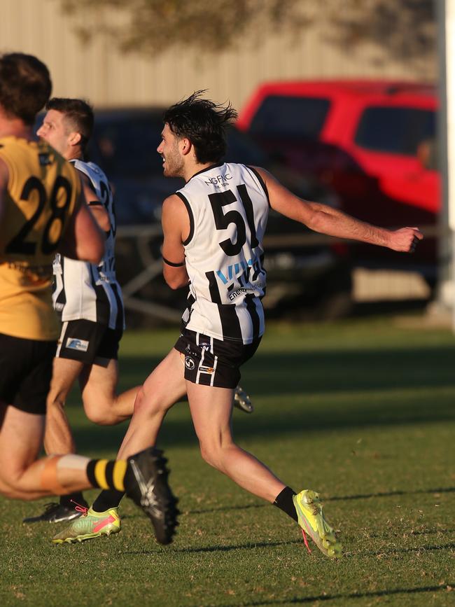 Osca Riccardi kicks a goal. GDFNL North Geelong v Bannockburn. Picture: Alan Barber