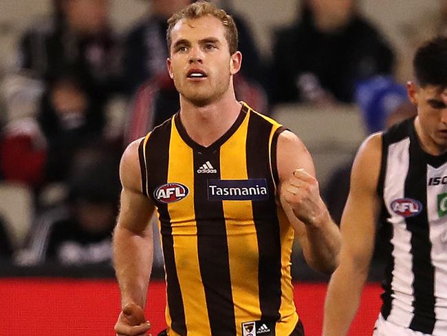 AFL Round 15. Hawthorn vs. Collingwood at the MCG.  Hawthorn's Tom Mitchell after kicking a last qtr goal  . Pic: Michael Klein