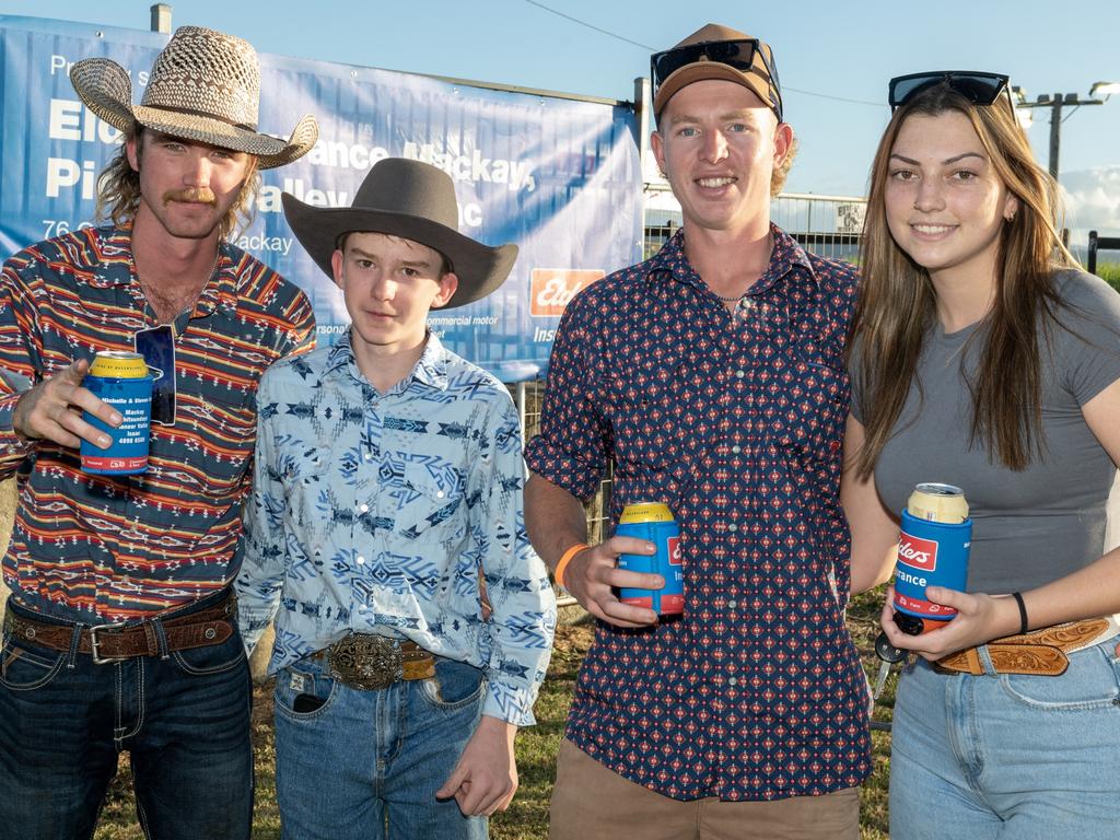 Boyce Miosge, Ronan Miosge, Jye Lovett and Emma Turner at Gargett Rodeo Saturday 3 June 2023 Picture: Michaela Harlow
