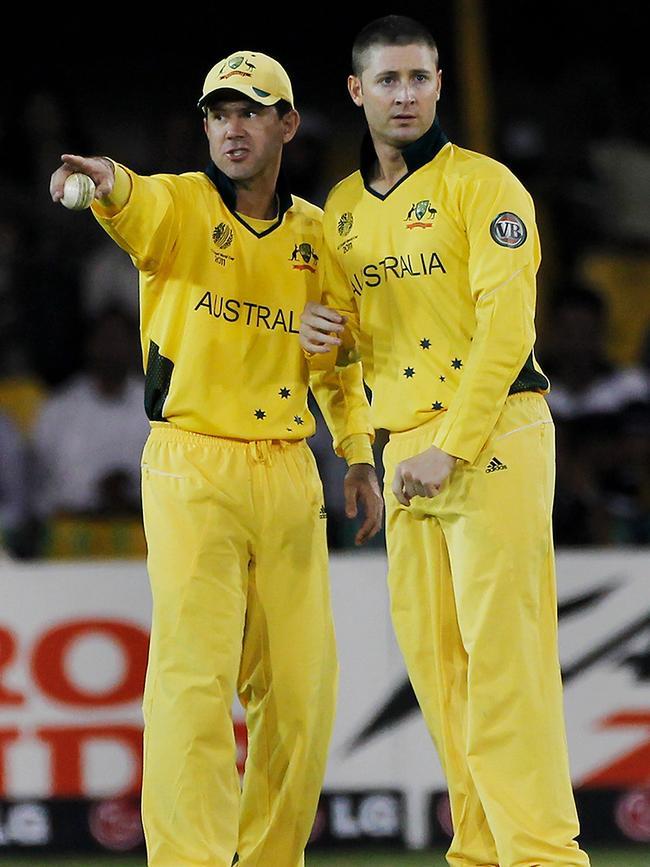 Captain Ricky Ponting (left) and teammate Michael Clarke during 2011 ICC World Cup Group A match on February 21, 2011, in India. Picture: Daniel Berehulak/Getty