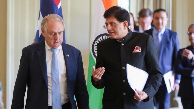 Trade Minister Don Farrell and Indian Commerce and Industry Minister Piyush Goyal in Adelaide on Wednesday. Picture: AAP