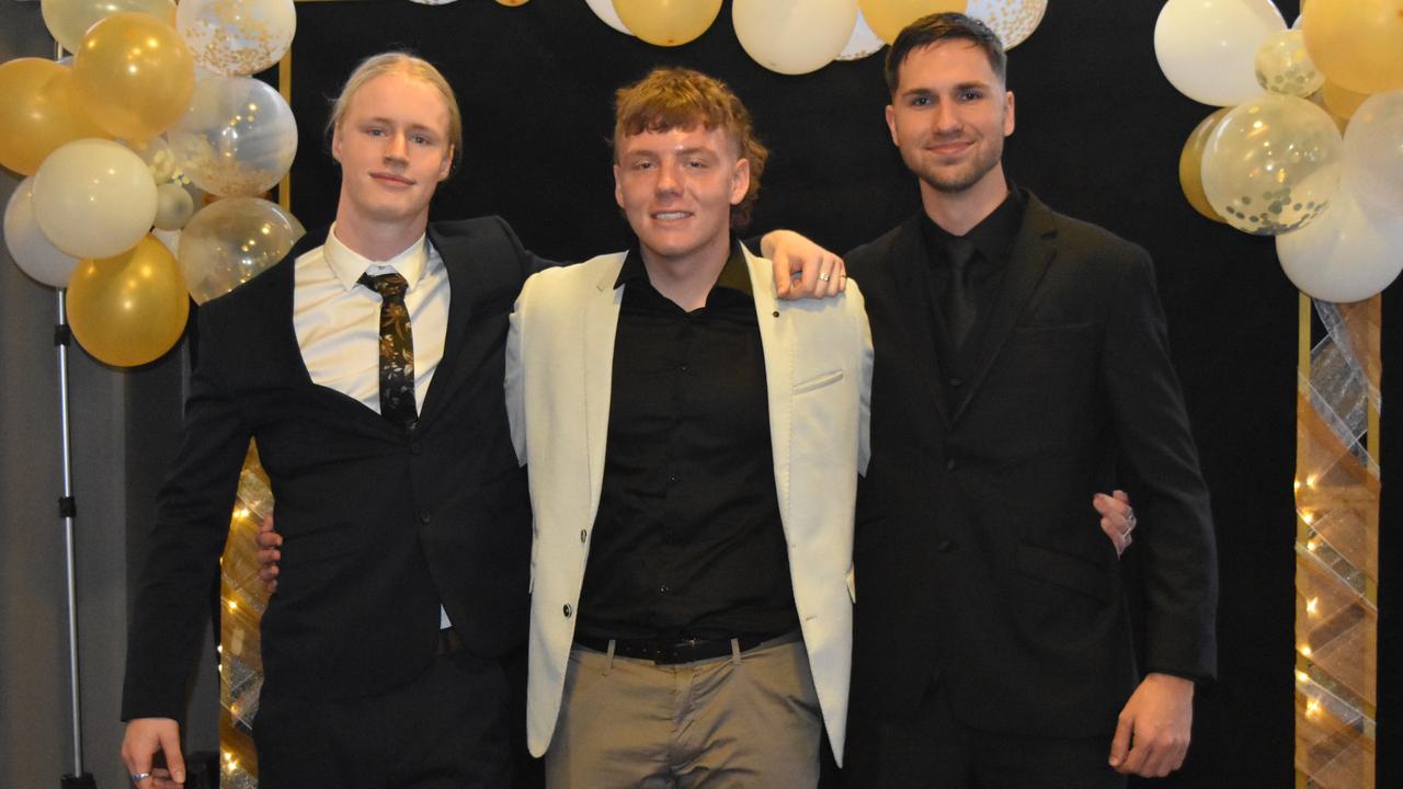 Tom McKenzie, Zac Pap and Nate Orwin at the 2022 Kawana Waters State College formal. Picture: Sam Turner