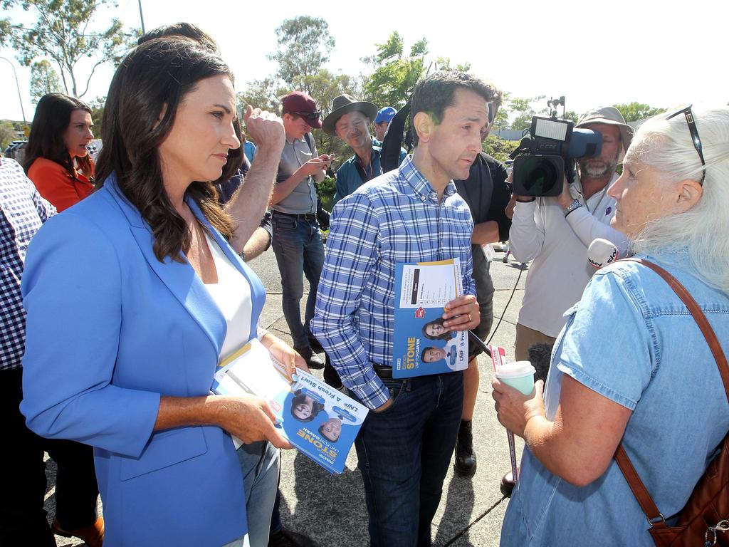 David Crisafulli and Bianca Stone were grilled at a polling booth on Saturday. Picture: NewsWire/Richard Gosling