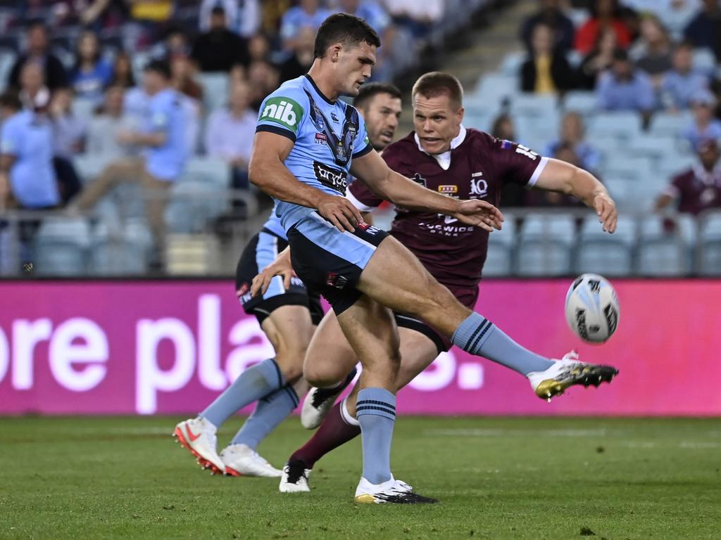 Nathan Cleary kicked the Maroons out of the game in Origin II. Picture: Grant Trouville/NRL Photos