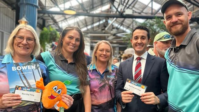 Manager of Bowen Tourism and Business, Leanne Abernethy; Chloe Bauer of Birds Fish Bar; Chair of Bowen Tourism and Business, Jenn Honnery;  Premier David Crisafulli and Sean Macdonald of Birds Fish Bar. Photo: Contributed