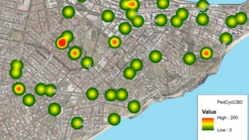 Crash density map for crashes involving a cyclist since 1 July 2014. Transport for NSW.