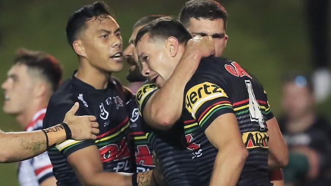 Brent Naden celebrates scoring a try for the Panthers last year. Picture: Mark Evans/Getty Images