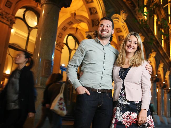 22/6/16: Ellie Warren and Sean Cosgrove in Martin Place,Sydney. Sean is a dual citizen and Elle is a permanent resident. Elle voted in the Brexit poll. John Feder/The Australian.