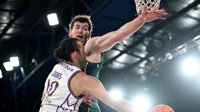 LAUNCESTON, AUSTRALIA - OCTOBER 18: Will Magnay of the Jackjumpers blocks the pass of Xavier Cooks of the Kings during the round five NBL match between Tasmania Jackjumpers and Sydney Kings at Silverdome, on October 18, 2024, in Launceston, Australia. (Photo by Steve Bell/Getty Images)