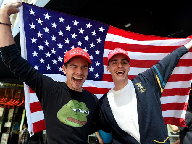 SYDNEY, AUSTRALIA - NCA NewsWire Photos NOVEMBER, 4, 2020: (L-R) Donald Trump supporters Lucas Di Cicco and American Lance Conway (0421298877) pose for a photograph at an US Election watch party at the Cheers bar in Sydney. US voters have taken to the polls to decide the 46th president of America, between Republican Donald Trump and Democrat Joe Biden. Picture: NCA NewsWire/Bianca De Marchi