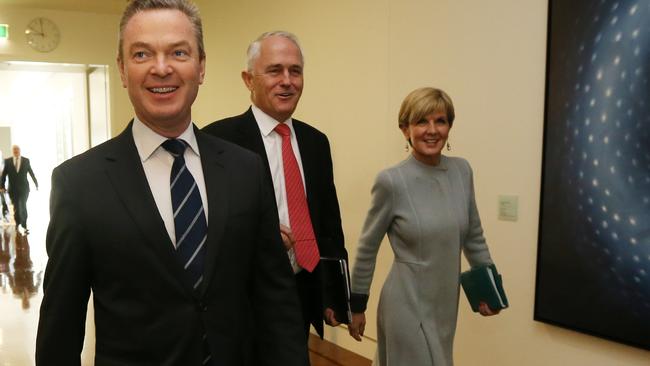 Christopher Pyne, Malcolm Turnbull and Julie Bishop. Picture: Gary Ramage