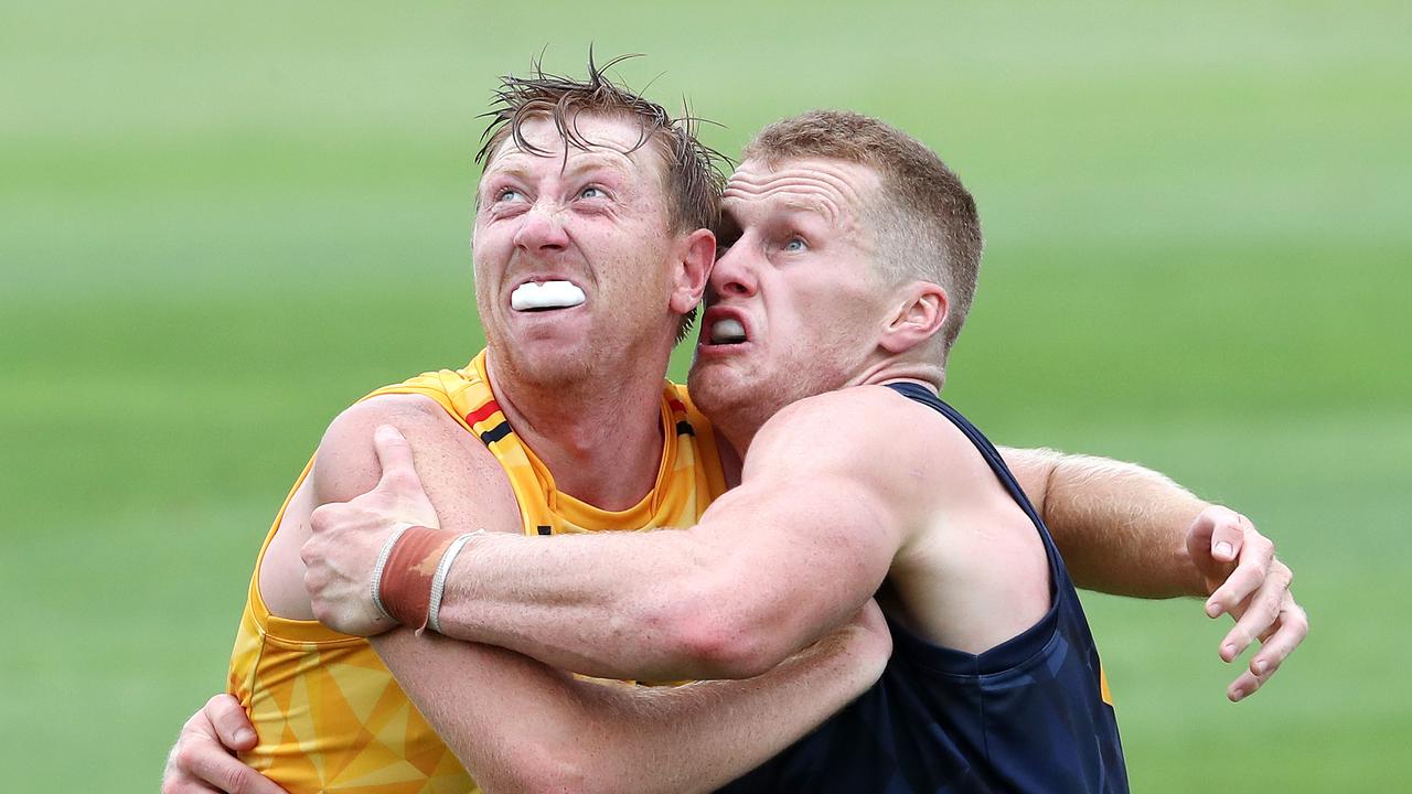 Kieran Strachan has played just five times in four years for the Crows AFL team but has been re-signed for another two as a backup to Reilly O’Brien. Picture: Sarah Reed