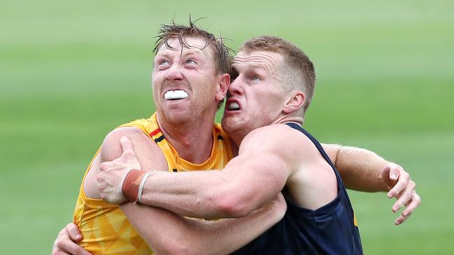 Kieran Strachan has played just five times in four years for the Crows AFL team but has been re-signed for another two as a backup to Reilly O’Brien. Picture: Sarah Reed