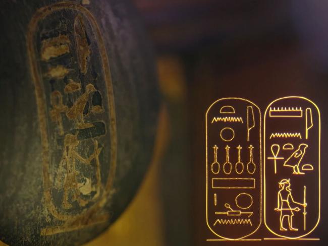 This furniture handle has Tut’s cartouche stamped over the top of the name “Ankheperure”. Screen capture: King Tut: Forgotten Treasure