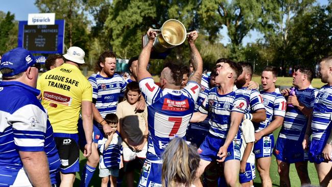 Elated Brothers players celebrate after their Rugby League Ipswich Reserve Grade grand final win against Rosewood at the North Ipswich Reserve. Picture: Bruce Clayton