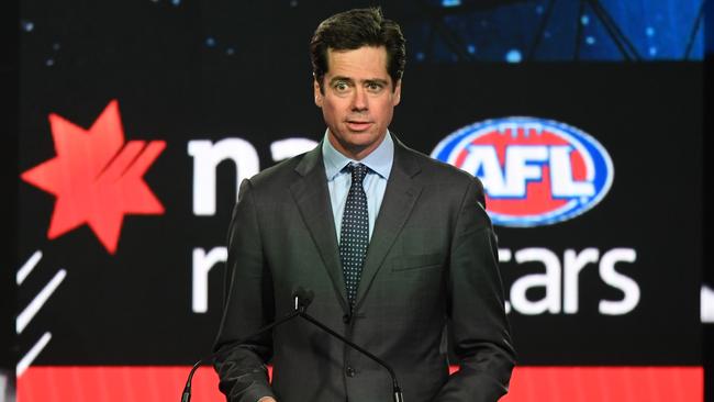 AFL CEO Gillon McLachlan addresses the crowd at the start of the 2018 AFL Draft at Marvel Stadium. Pic: AAP