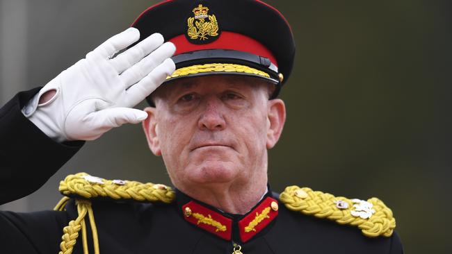 Australian Governor-General Sir Peter Cosgrove during the Queen’s Birthday Parade at the Royal Military College, Duntroon in 2019. The parade was Cosgrove’s the final public appearance in military uniform for he retired Picture: Lukas Coch