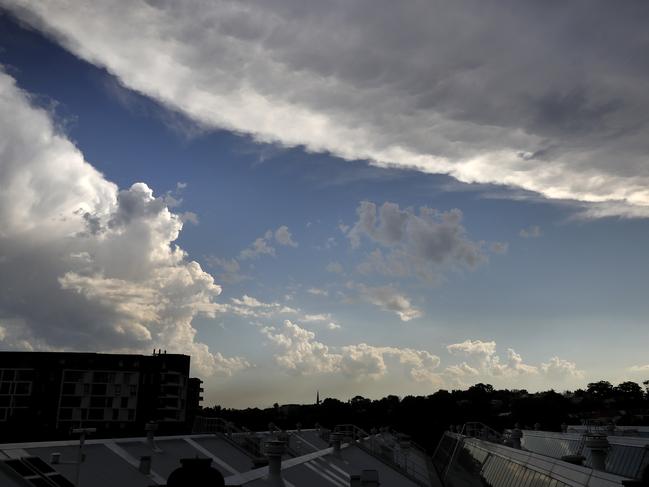 Clouds moving into Sydney as seen from Forest Lodge as a severe thunderstorm warning has been issued for large hailstones and heavy rainfall for parts of Sydney. Picture: Jonathan Ng