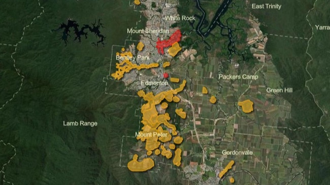 Cairns South. The interactive map displays a yellow shaded overlay for yellow crazy ant zones and a red shaded overlay for electric ant zones. Source AntZone