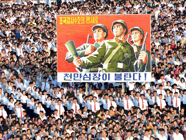 This picture taken on August 9, 2017 and released by North Korea’s official Korean Central News Agency (KCNA) on August 10, 2017 shows a rally in support of North Korea’s stance against the US, on Kim Il-Sung square in Pyongyang. North Korea on August 10 said US President Donald Trump was “bereft of reason” and would only respond to force, as it elaborated on a threat to attack the US Pacific territory of Guam. Picture: AFP
