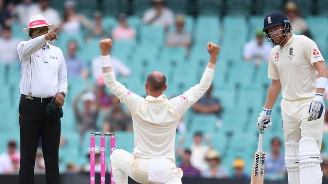 Nathan Lyon appeals for Moeen Ali’s wicket.