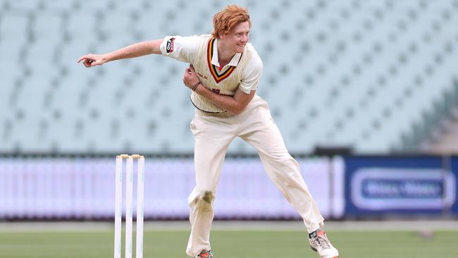 Tom Andrews bowls for South Australia against Queensland. Picture: STEPHEN LAFFER