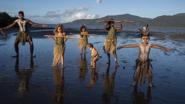 (From left) Malakai Fyfe, Debra Coillier, Harleigh Mosby, Nakoa Alfie Frederickson, Raeschiah Collier, and Lamont Fyfe from the Sacred Creations dance troupe. Picture: Brian Cassey