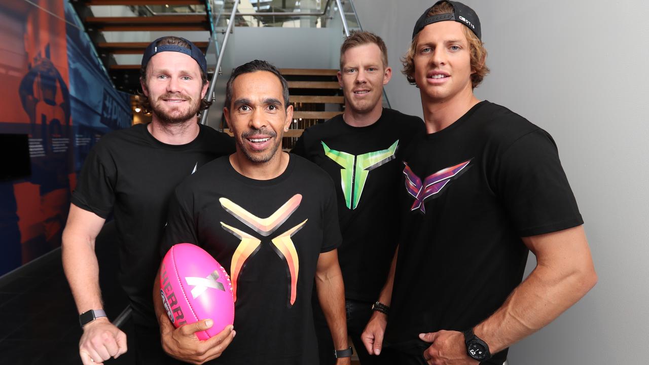 The four AFLX captains Patrick Dangerfield, Eddie Betts, Jack Riewold and Nat Fyfe. Picture: Alex Coppel