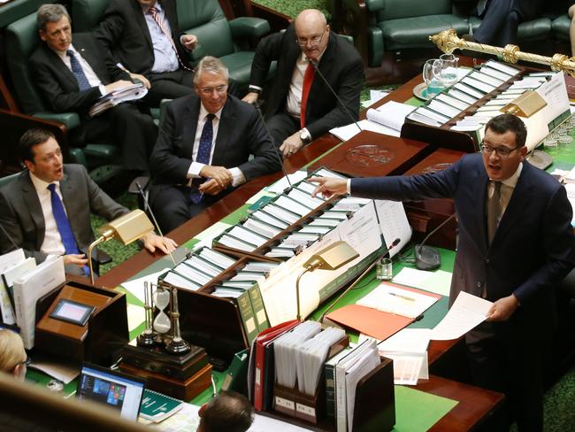 Premier Daniel Andrews points to Opposition Leader Matthew Guy during Question Time. Picture: David Crosling