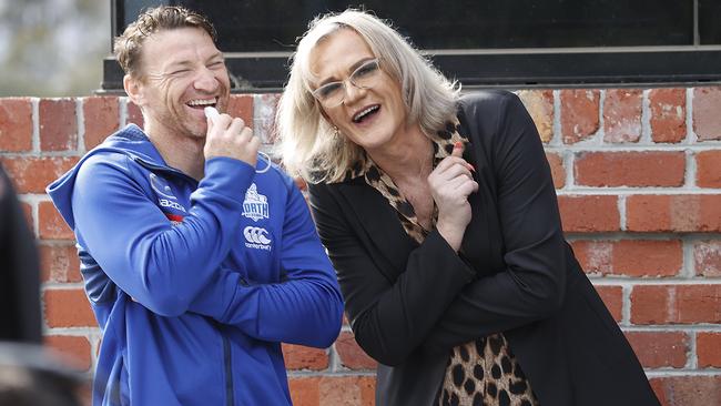 Danielle Laidley helped celebrate North Melbourne’s debt-free announcement. Picture: Alex Coppel.