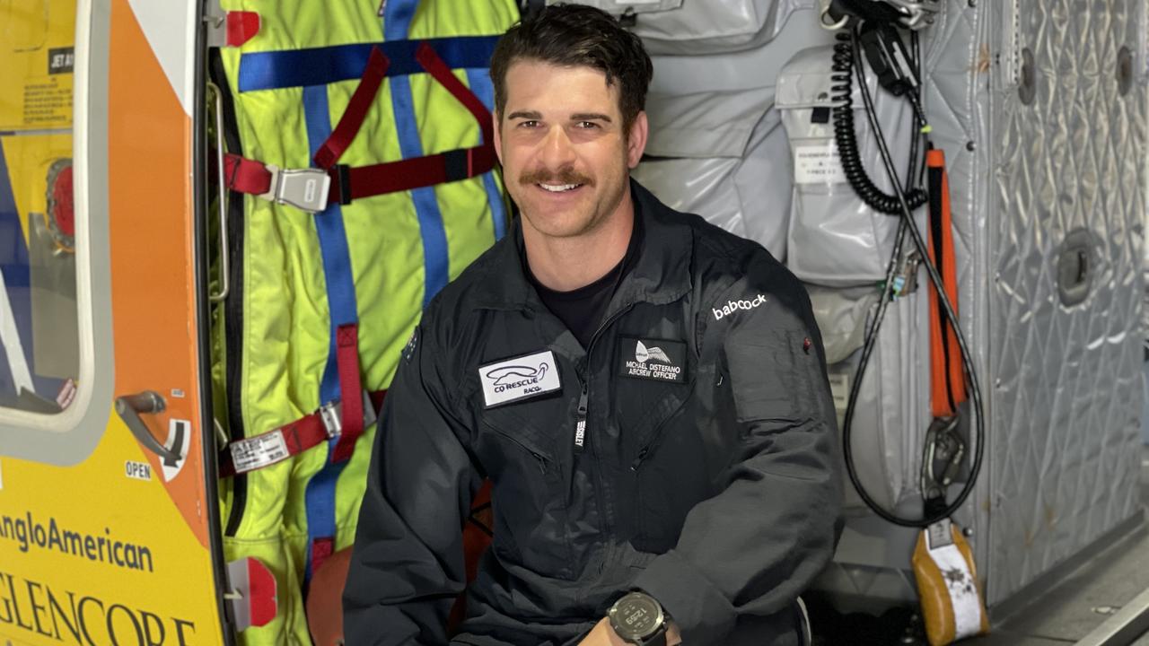 RACQ CQ Rescue air crewman Michael DiStefano's first official day on the job was August 4, 2022 when the crew was called to the Bogie shooting. Picture: Janessa Ekert