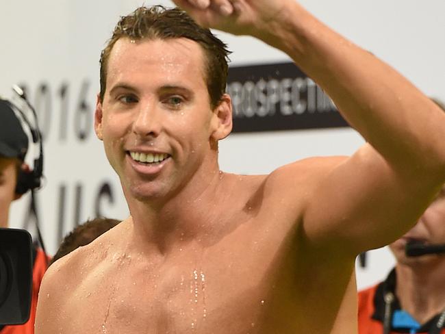 The Olympian waves to the crowd after the Mens 200m Freestyle Semi-Final at the Australian Swimming Championships in Adelaide last April. Picture: Dave Hunt/AAP