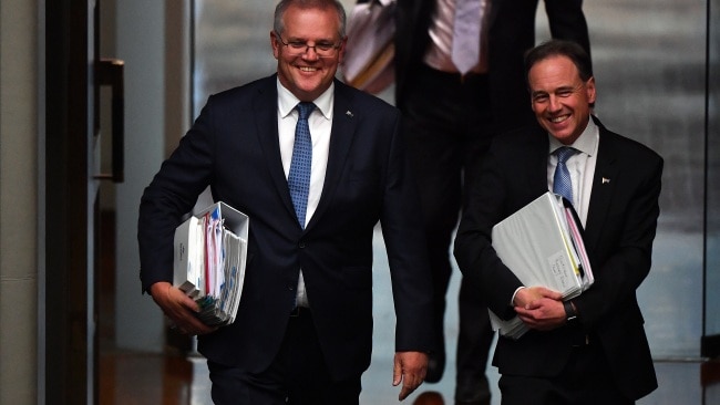 Prime Minister Scott Morrison says he is 'very sad' to be losing Greg Hunt from his team, calling him a 'person of great integrity'. Picture: Sam Mooy/Getty Images