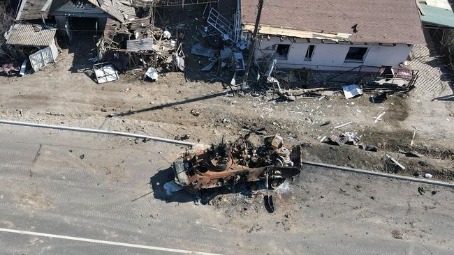 A charred Russian armoured personnel carrier on the front line in the Kyiv region. Picture: AFP.