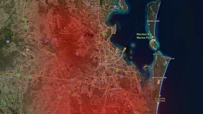 A ring of fire hotspots surrounds Brisbane according to the data.