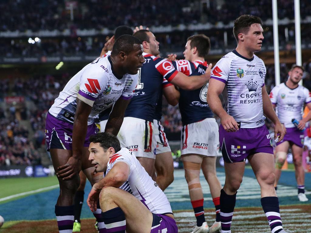 Melbourne's Billy Slater after a try scored by Roosters Latrell Mitchell during the 2018 NRL Grand Final between the Sydney Roosters and Melbourne Storm at ANZ Stadium, Sydney. Picture: Brett Costello