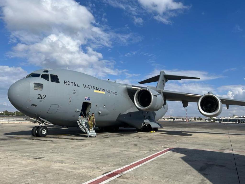 A RAAF flight arriving in Israel to take Australians home. Picture: Twitter/Australia’s Ambassador to Israel