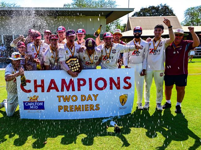 Palmerston Cricket Club celebrating their Two-Day DDCC A-grade grand final victory over Waratah at DXC Arena, 15 September, 2024.  Picture: Cricket NT.