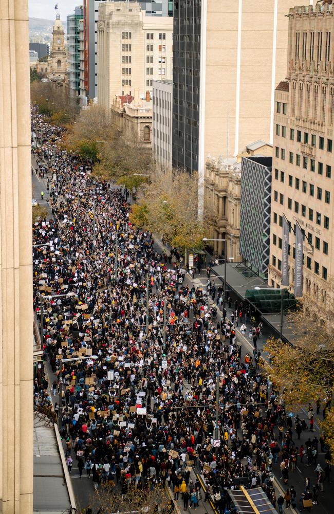 Protesters participate in a Black Lives Matter rally in Adelaide. Picture: Morgan Sette/AAP