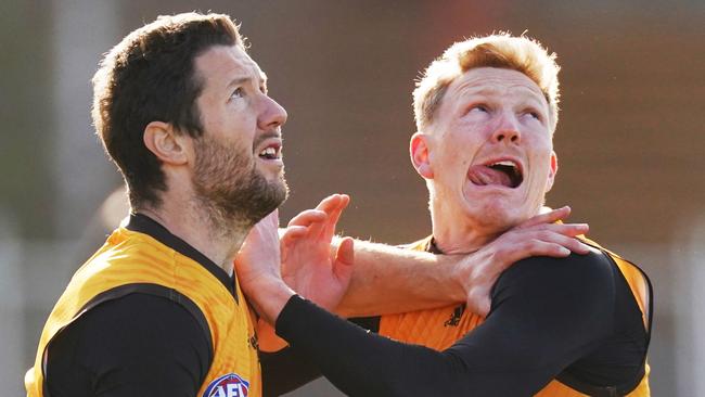 The Phantom is eyeing off Hawk James Sicily, right, this week. Picture: Michael Dodge/AAP