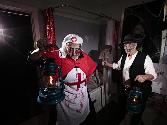 Matron Deb Rendell and Grave digger Bob Adams at the hospital quarter in the Q Station in Manly ahead of a special Halloween tour last year. Picture: Adam Yip