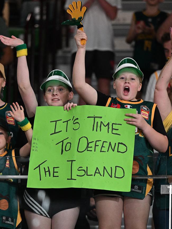 Fans react during game two of the NBL Semi Final series between Tasmania Jackjumpers and New Zealand Breakers at MyState Bank Arena, on February 16, 2023, in Hobart, Australia. (Photo by Steve Bell/Getty Images)