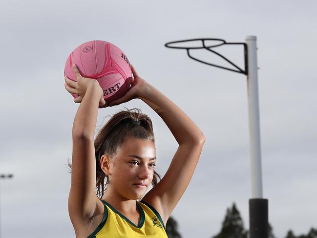 Holly Gavin 12-years net baller posing at Jamison Park Netball Complex in Penrith, NSW, Australia. 2 June, 2018. Holly has been nominated for a Local Sports Star Award in the Young Sporting Spirit Individual category. (AAP IMAGE / Carmela Roche).